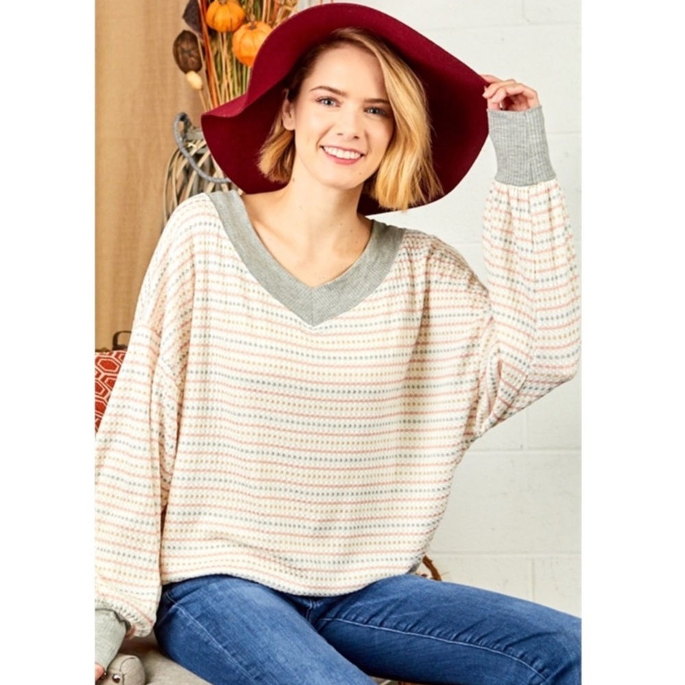 Ivory Multi-V-Neck Waffle Long Sleeve Top